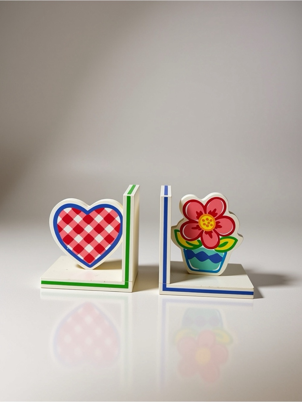 White Heart & Flower Decorative Bookends - Red, Blue, Green Accents